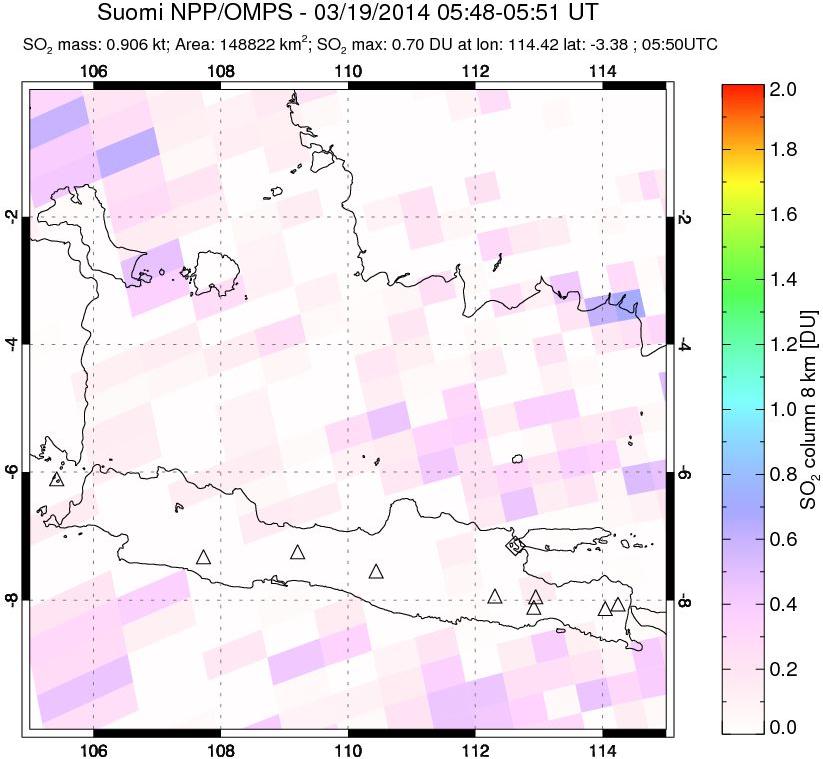 A sulfur dioxide image over Java, Indonesia on Mar 19, 2014.