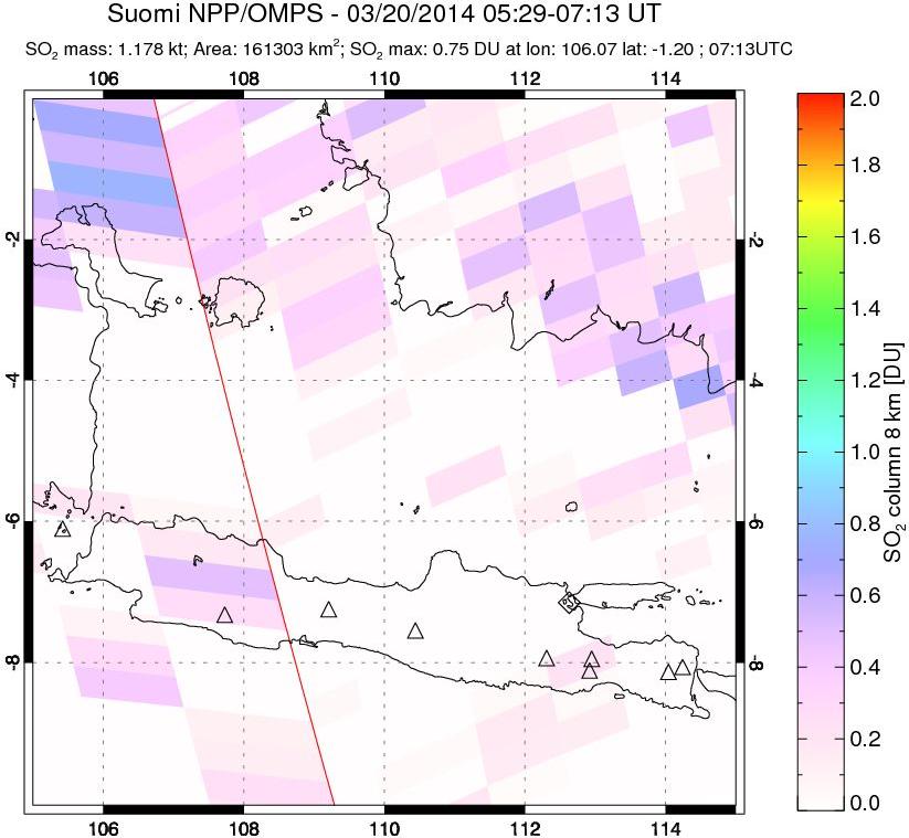A sulfur dioxide image over Java, Indonesia on Mar 20, 2014.