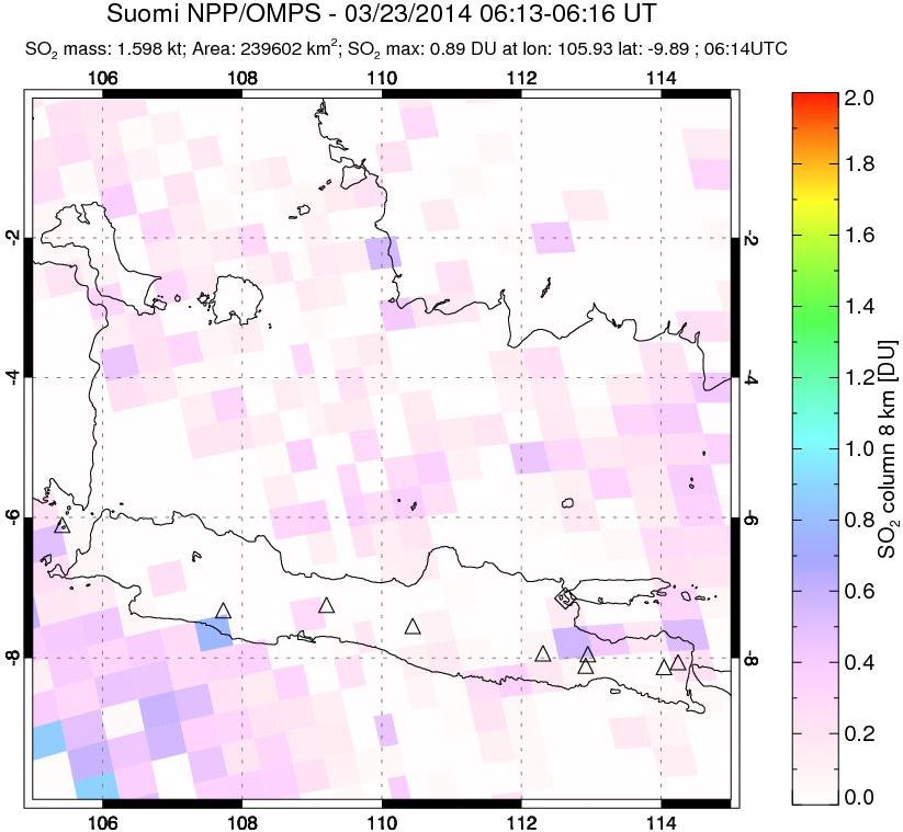 A sulfur dioxide image over Java, Indonesia on Mar 23, 2014.