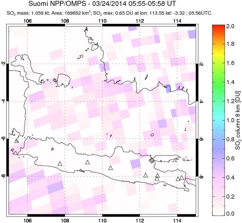 A sulfur dioxide image over Java, Indonesia on Mar 24, 2014.