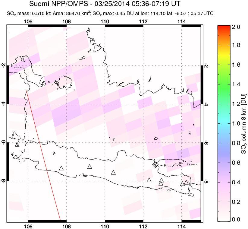 A sulfur dioxide image over Java, Indonesia on Mar 25, 2014.