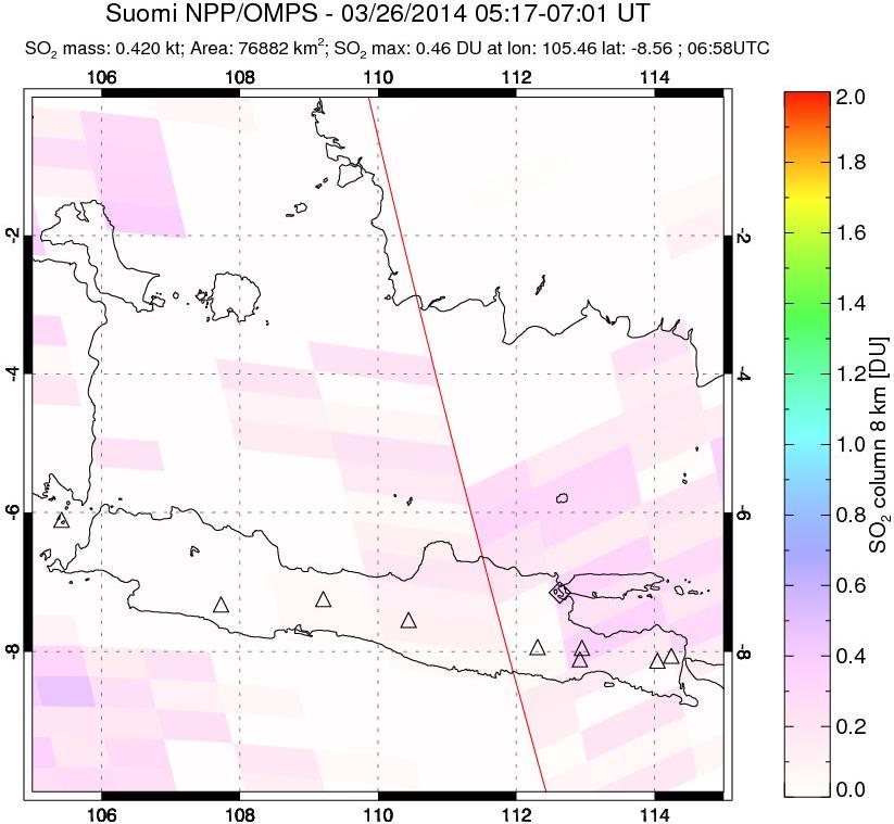 A sulfur dioxide image over Java, Indonesia on Mar 26, 2014.