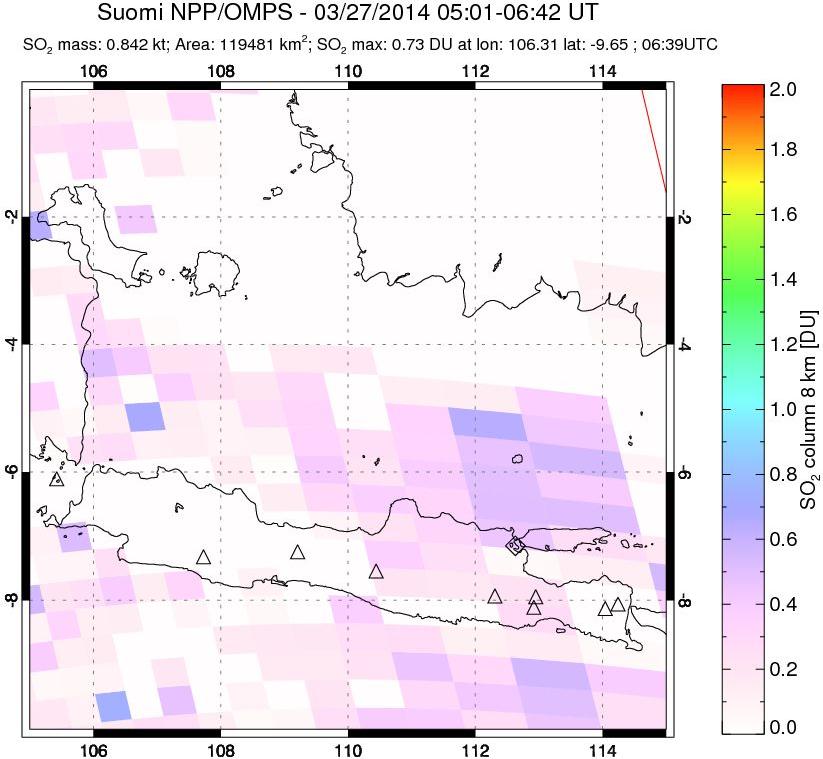A sulfur dioxide image over Java, Indonesia on Mar 27, 2014.