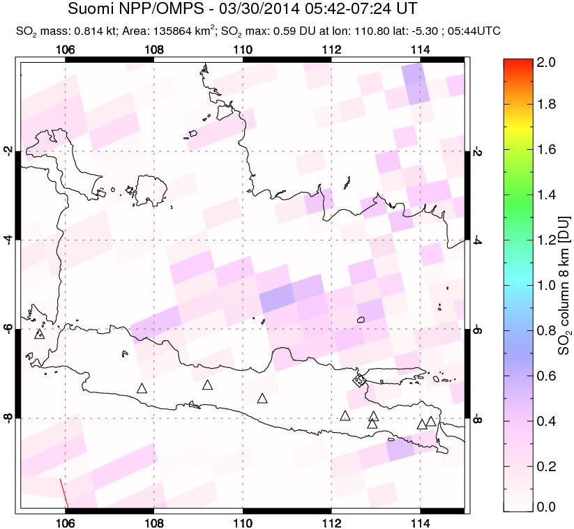 A sulfur dioxide image over Java, Indonesia on Mar 30, 2014.