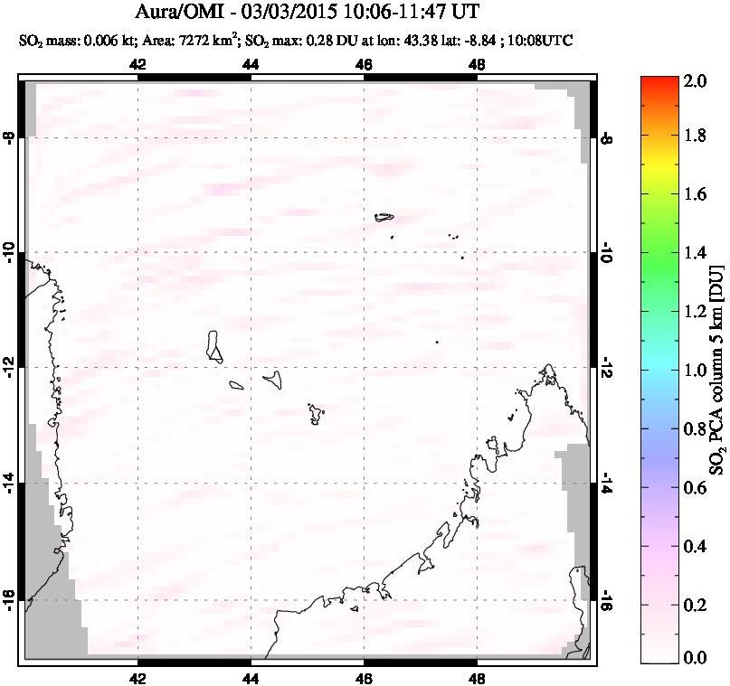 A sulfur dioxide image over Comoro Islands on Mar 03, 2015.