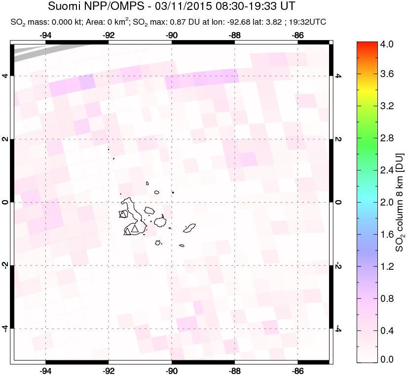 A sulfur dioxide image over Galápagos Islands on Mar 11, 2015.