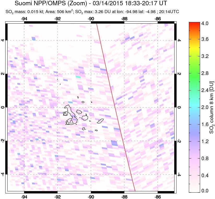 A sulfur dioxide image over Galápagos Islands on Mar 14, 2015.
