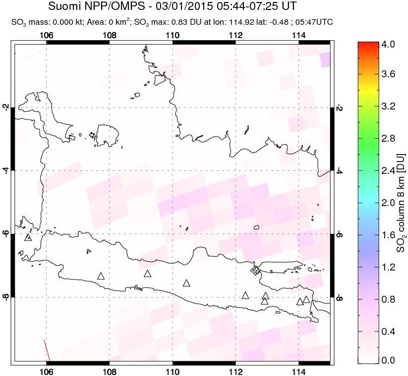 A sulfur dioxide image over Java, Indonesia on Mar 01, 2015.