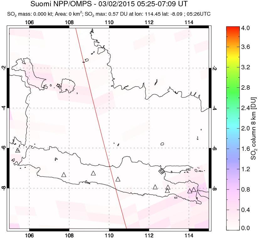A sulfur dioxide image over Java, Indonesia on Mar 02, 2015.