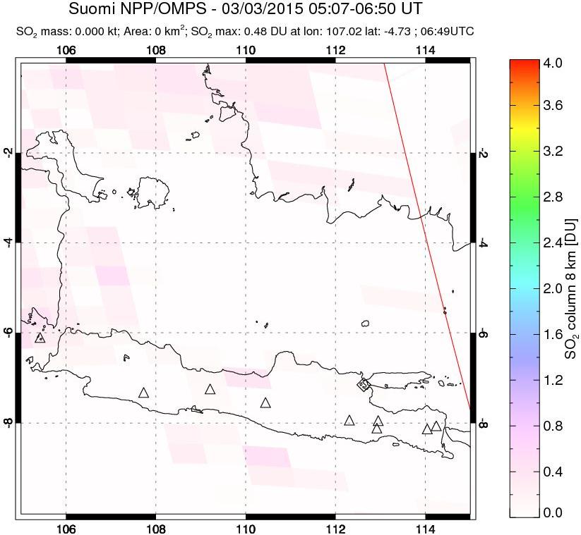 A sulfur dioxide image over Java, Indonesia on Mar 03, 2015.