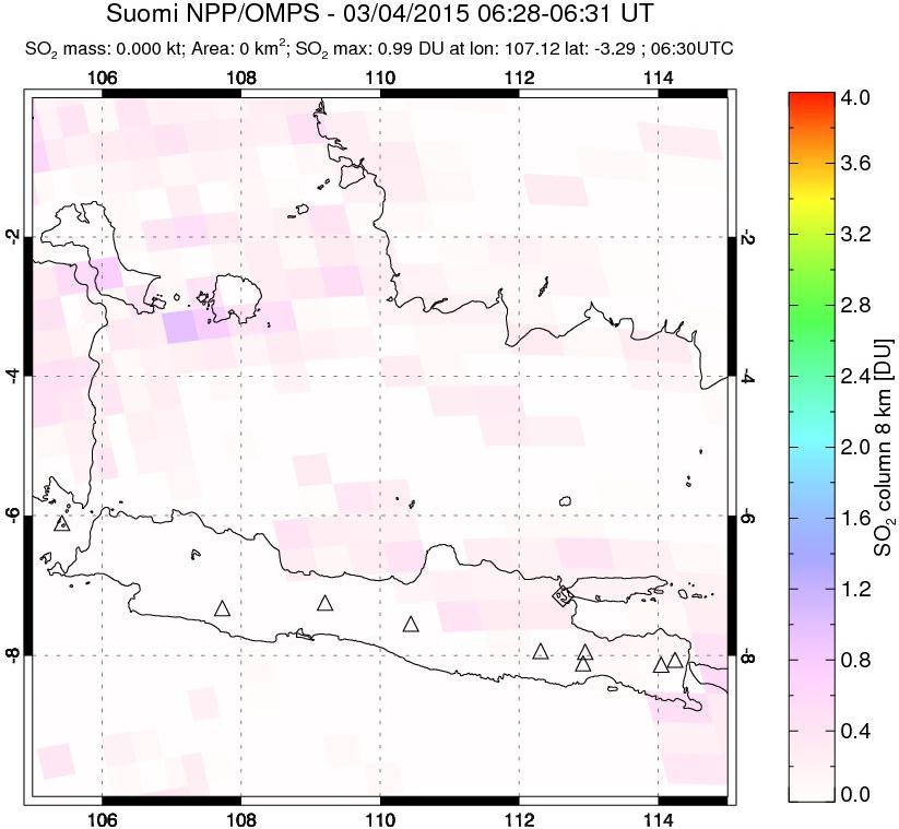 A sulfur dioxide image over Java, Indonesia on Mar 04, 2015.