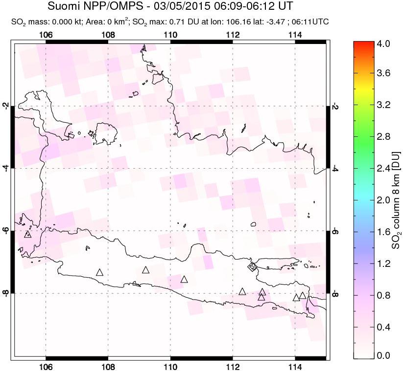 A sulfur dioxide image over Java, Indonesia on Mar 05, 2015.