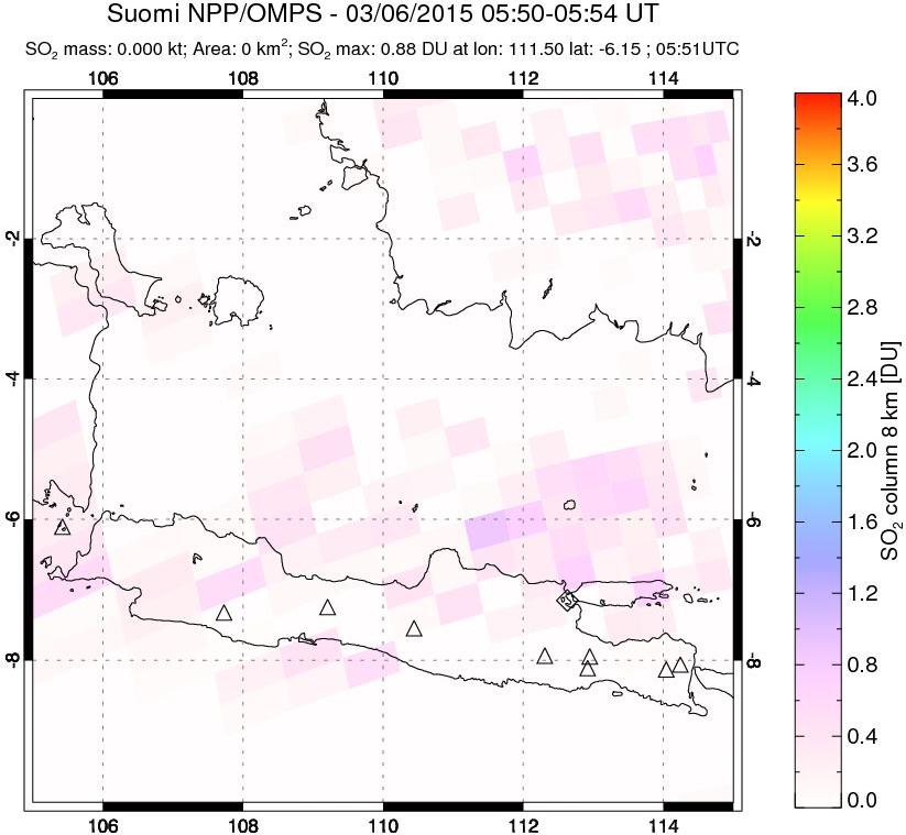 A sulfur dioxide image over Java, Indonesia on Mar 06, 2015.