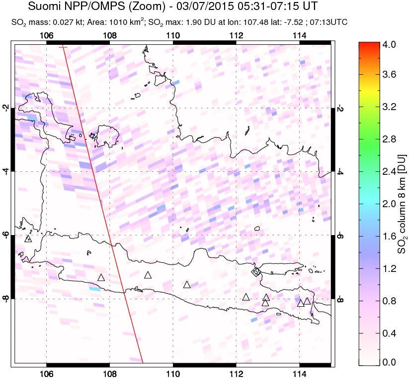 A sulfur dioxide image over Java, Indonesia on Mar 07, 2015.
