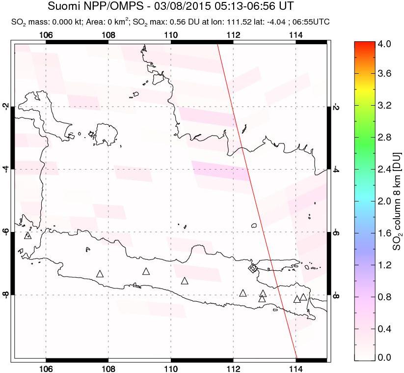 A sulfur dioxide image over Java, Indonesia on Mar 08, 2015.
