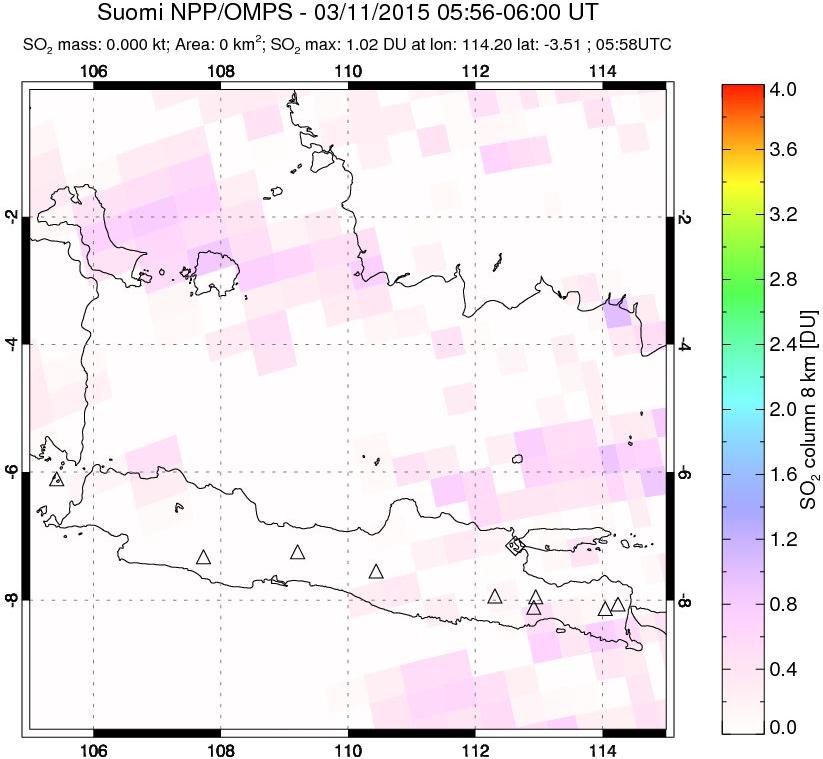 A sulfur dioxide image over Java, Indonesia on Mar 11, 2015.