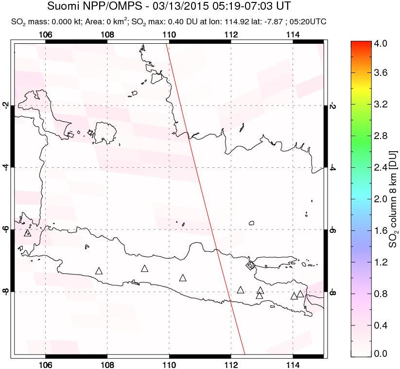 A sulfur dioxide image over Java, Indonesia on Mar 13, 2015.
