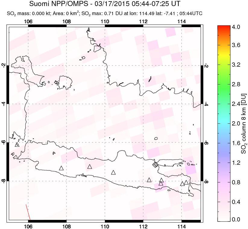 A sulfur dioxide image over Java, Indonesia on Mar 17, 2015.