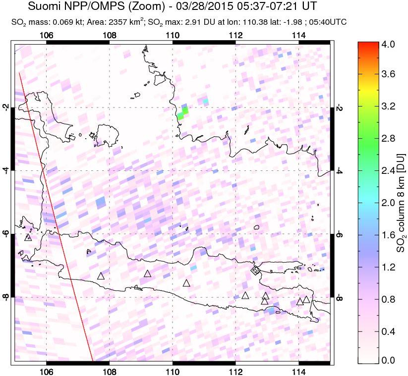 A sulfur dioxide image over Java, Indonesia on Mar 28, 2015.