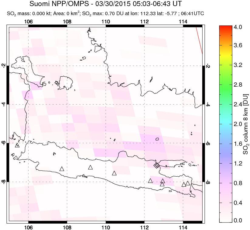 A sulfur dioxide image over Java, Indonesia on Mar 30, 2015.
