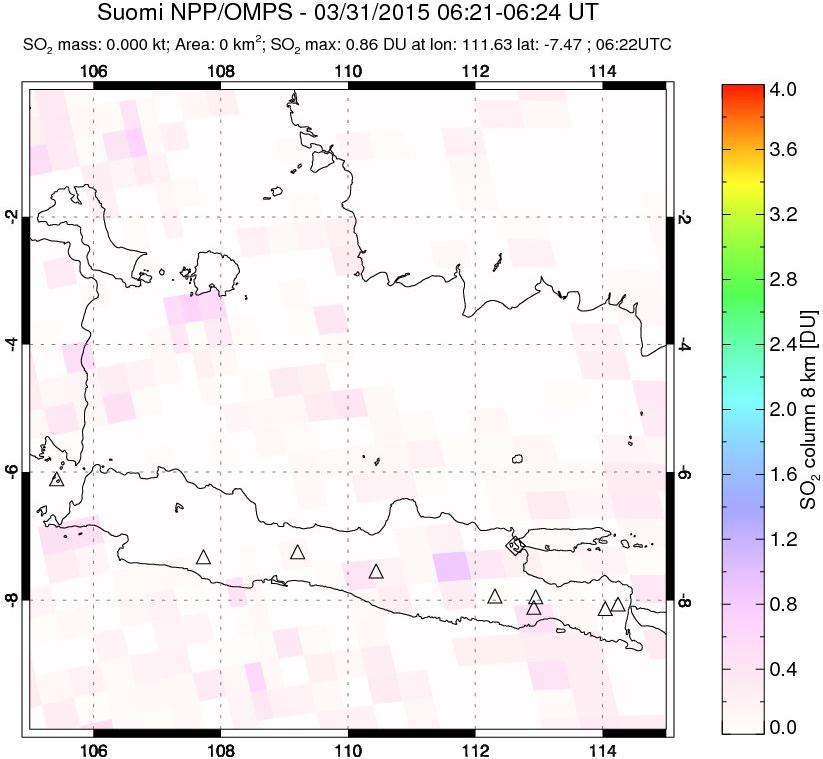 A sulfur dioxide image over Java, Indonesia on Mar 31, 2015.