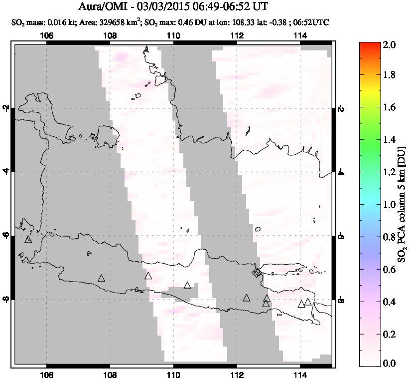 A sulfur dioxide image over Java, Indonesia on Mar 03, 2015.