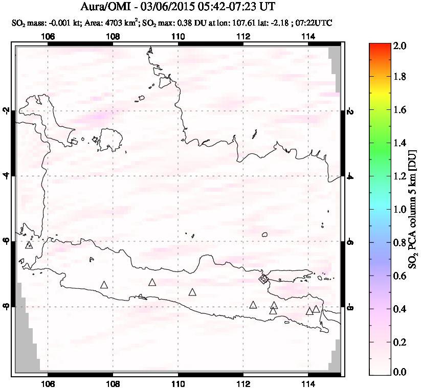 A sulfur dioxide image over Java, Indonesia on Mar 06, 2015.