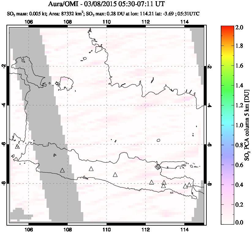 A sulfur dioxide image over Java, Indonesia on Mar 08, 2015.