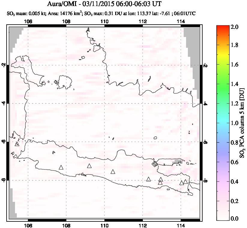 A sulfur dioxide image over Java, Indonesia on Mar 11, 2015.