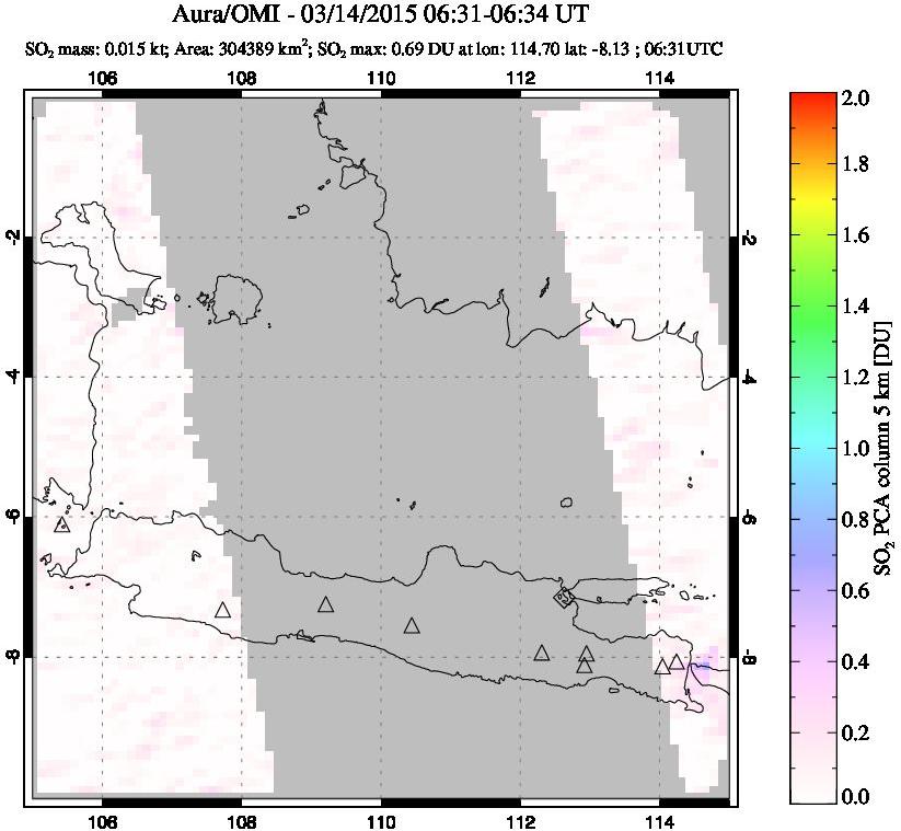 A sulfur dioxide image over Java, Indonesia on Mar 14, 2015.