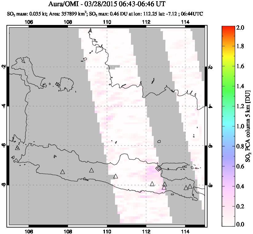 A sulfur dioxide image over Java, Indonesia on Mar 28, 2015.
