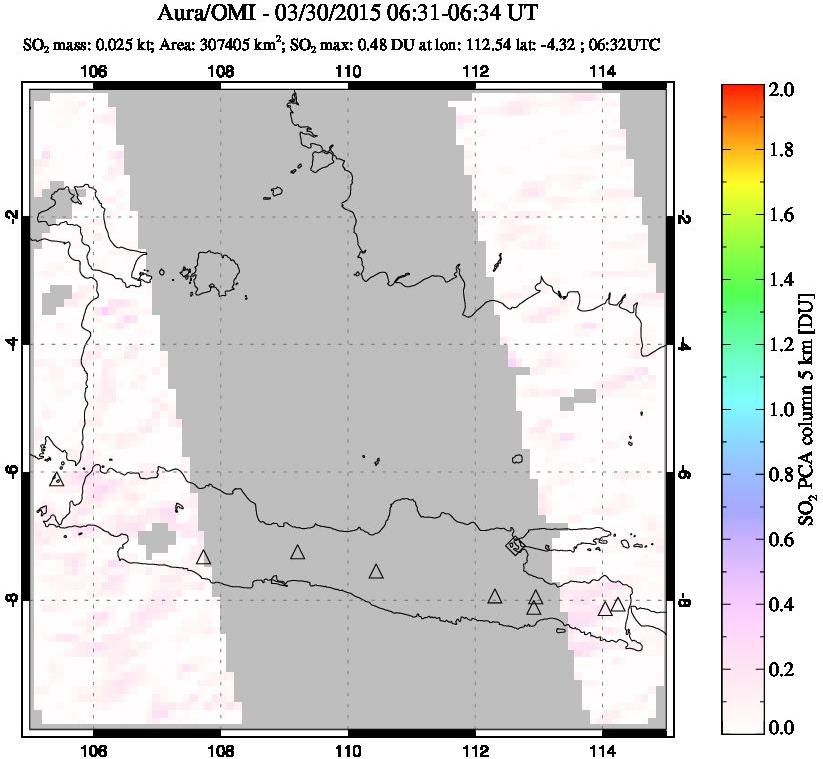 A sulfur dioxide image over Java, Indonesia on Mar 30, 2015.
