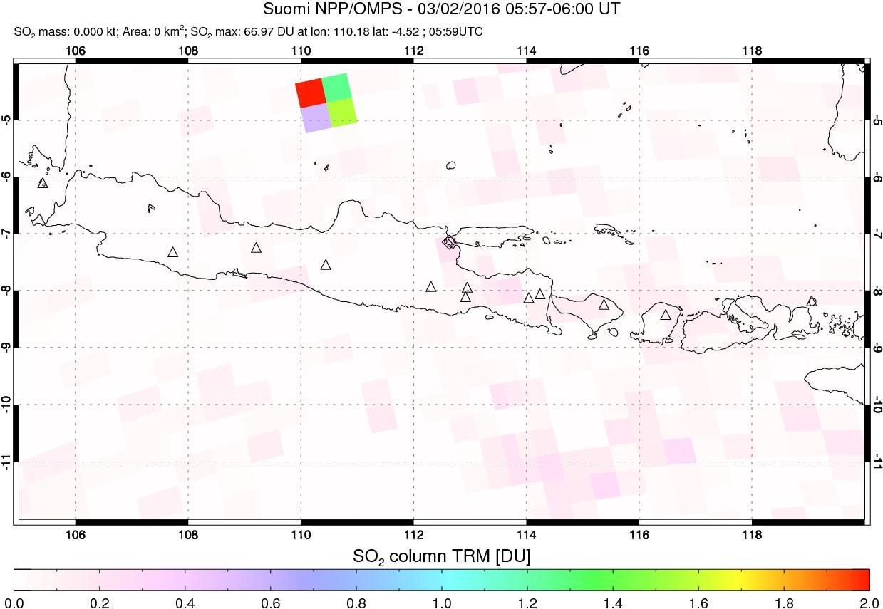 A sulfur dioxide image over Java, Indonesia on Mar 02, 2016.
