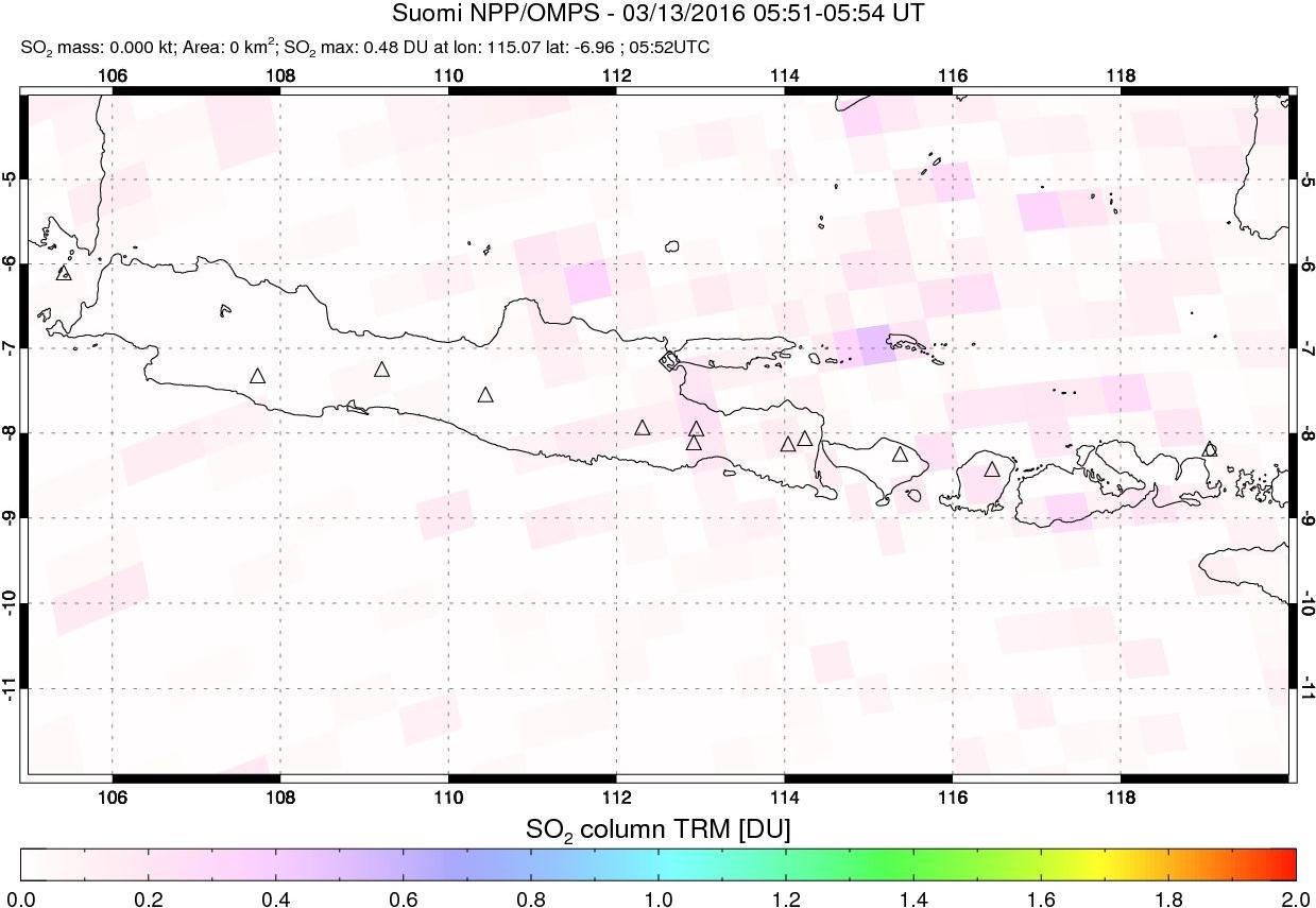 A sulfur dioxide image over Java, Indonesia on Mar 13, 2016.