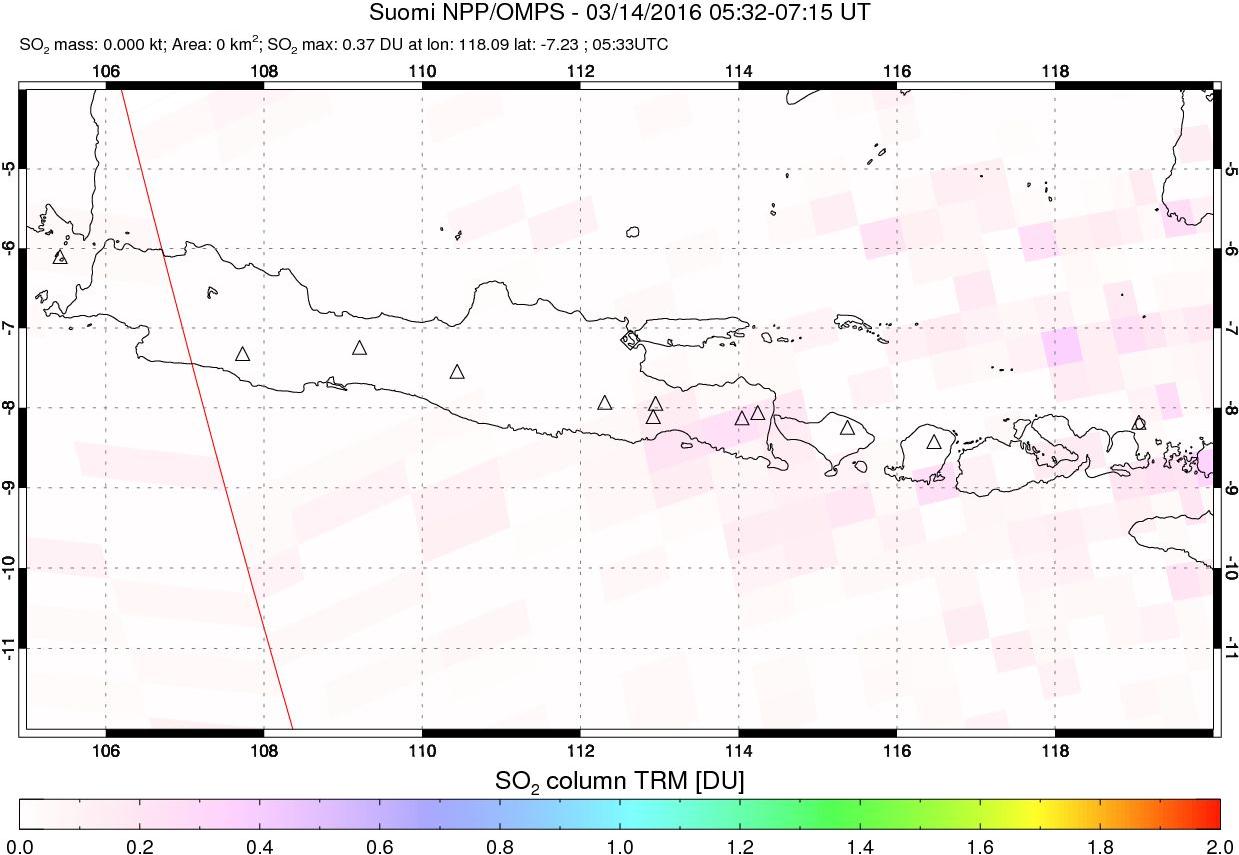 A sulfur dioxide image over Java, Indonesia on Mar 14, 2016.