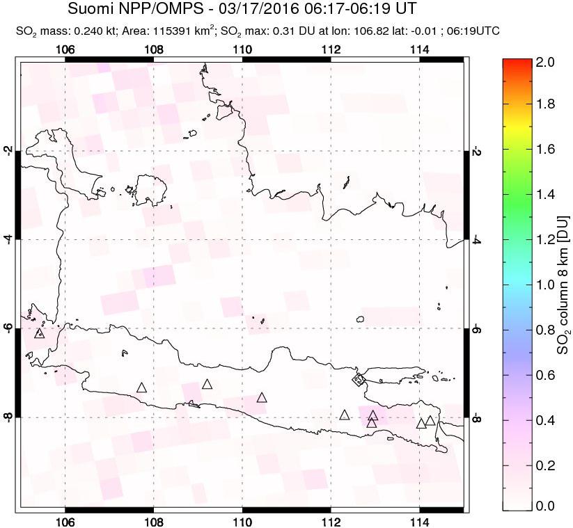 A sulfur dioxide image over Java, Indonesia on Mar 17, 2016.