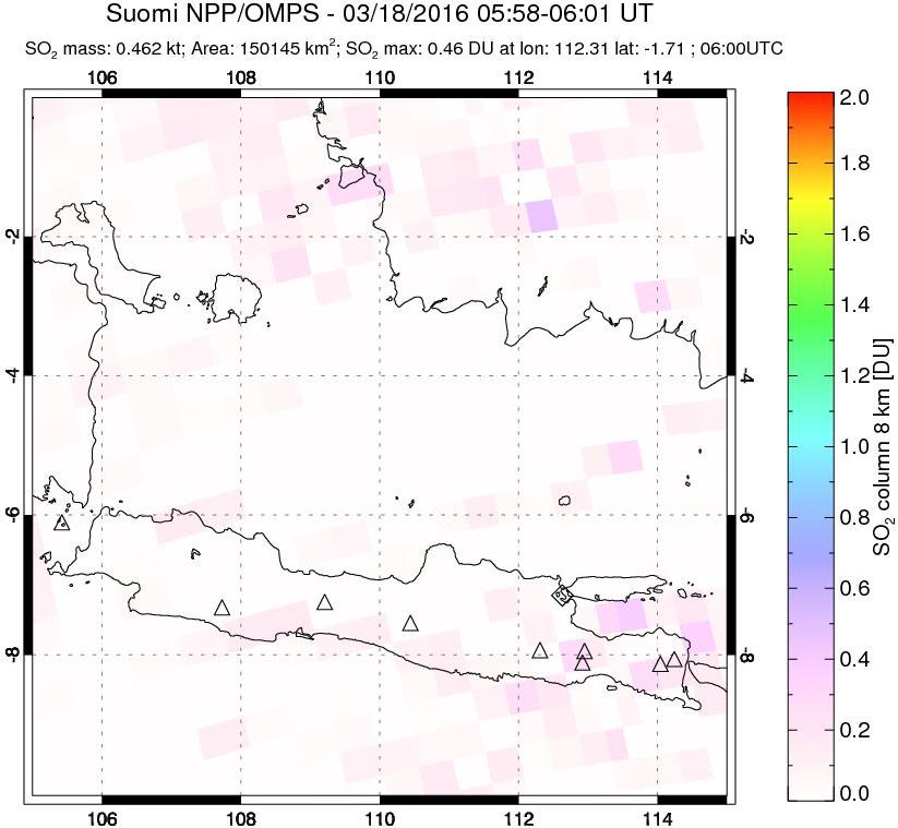 A sulfur dioxide image over Java, Indonesia on Mar 18, 2016.