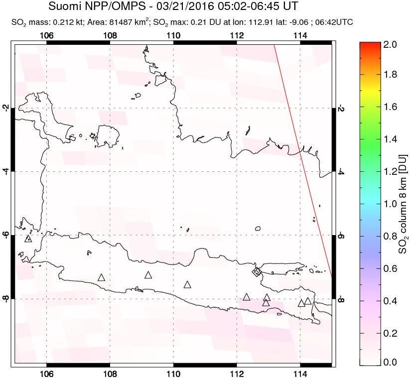 A sulfur dioxide image over Java, Indonesia on Mar 21, 2016.