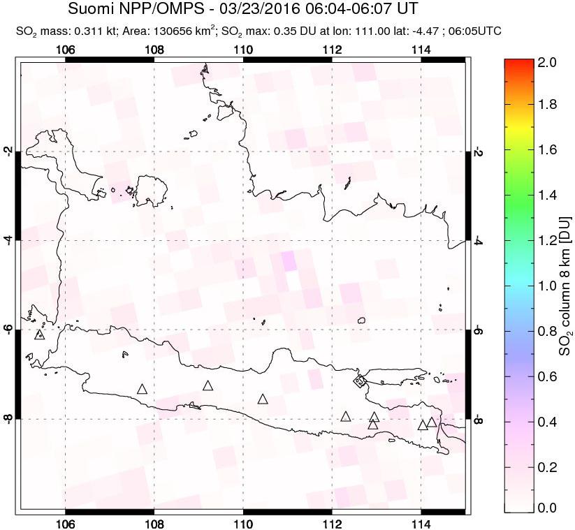 A sulfur dioxide image over Java, Indonesia on Mar 23, 2016.