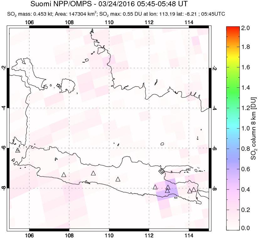 A sulfur dioxide image over Java, Indonesia on Mar 24, 2016.