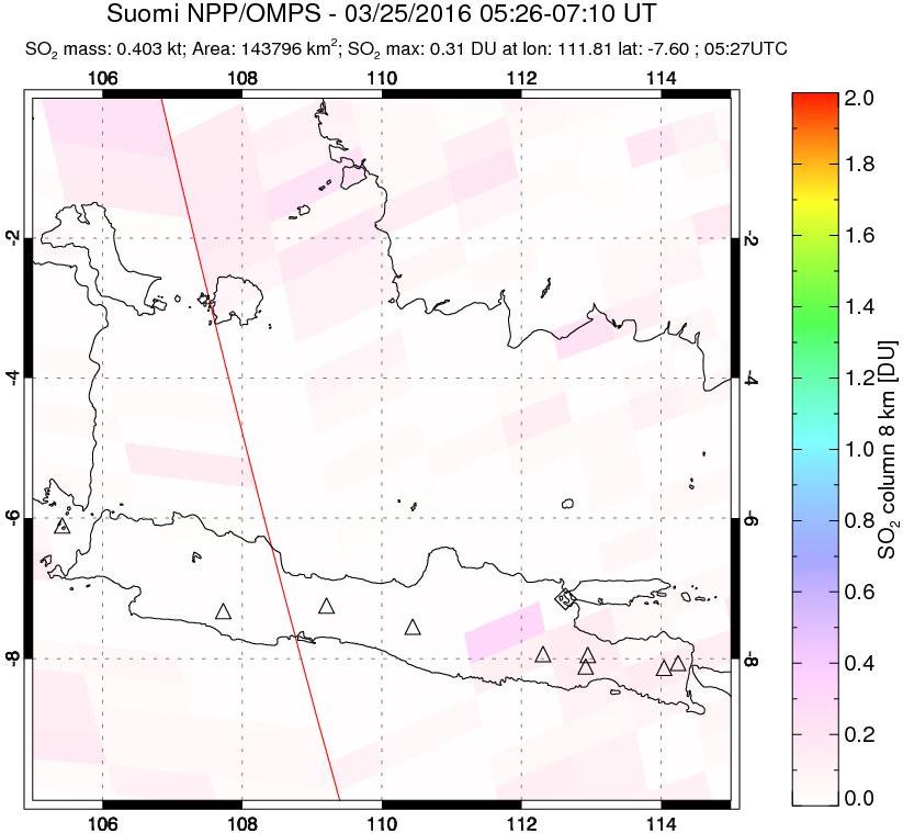 A sulfur dioxide image over Java, Indonesia on Mar 25, 2016.