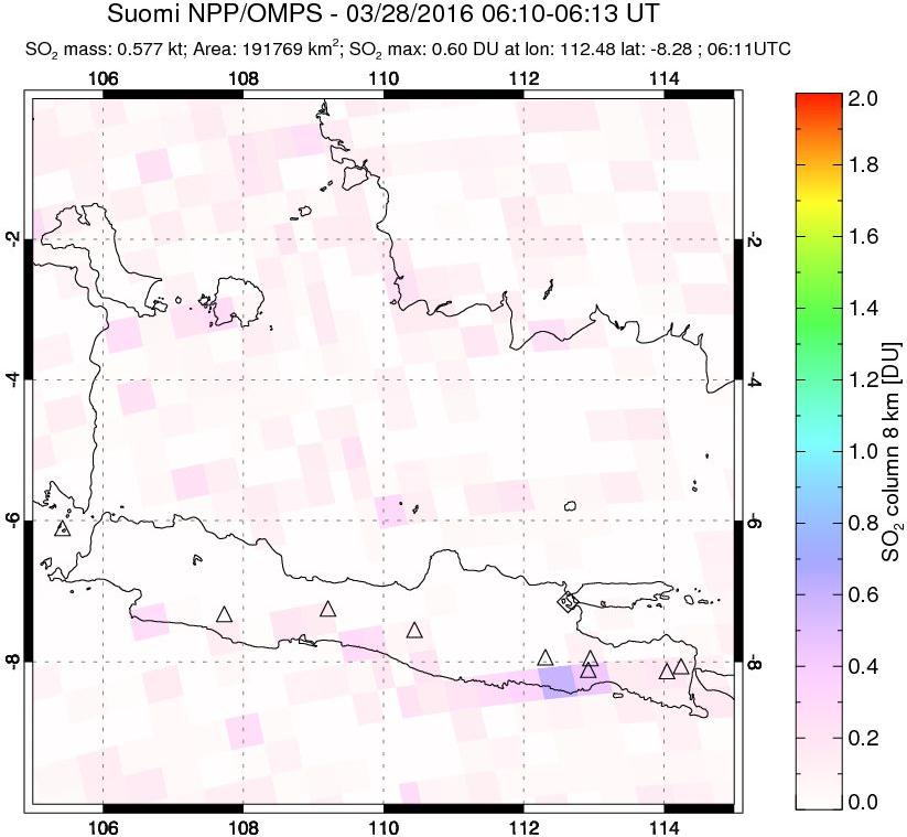A sulfur dioxide image over Java, Indonesia on Mar 28, 2016.