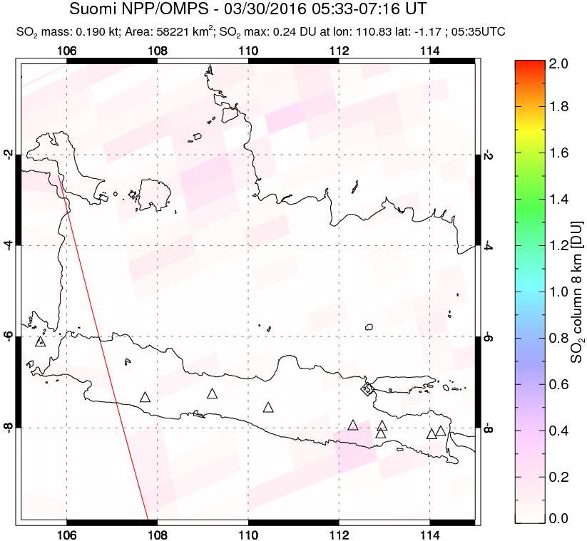 A sulfur dioxide image over Java, Indonesia on Mar 30, 2016.