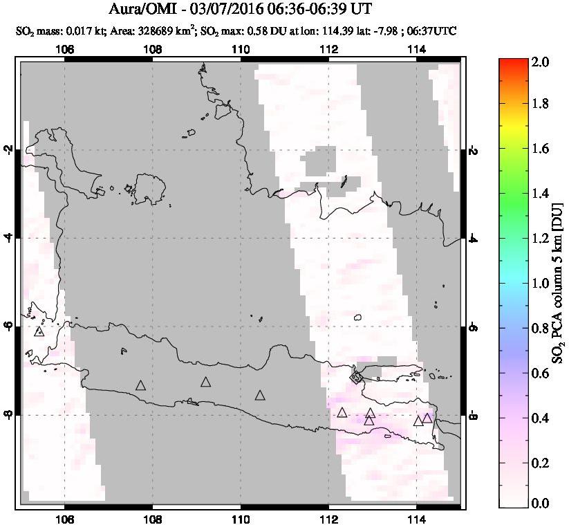 A sulfur dioxide image over Java, Indonesia on Mar 07, 2016.
