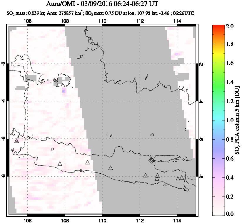 A sulfur dioxide image over Java, Indonesia on Mar 09, 2016.