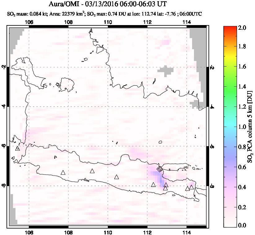 A sulfur dioxide image over Java, Indonesia on Mar 13, 2016.