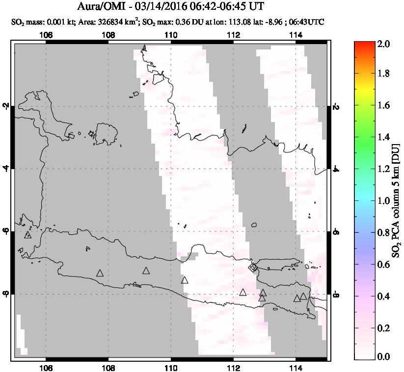 A sulfur dioxide image over Java, Indonesia on Mar 14, 2016.
