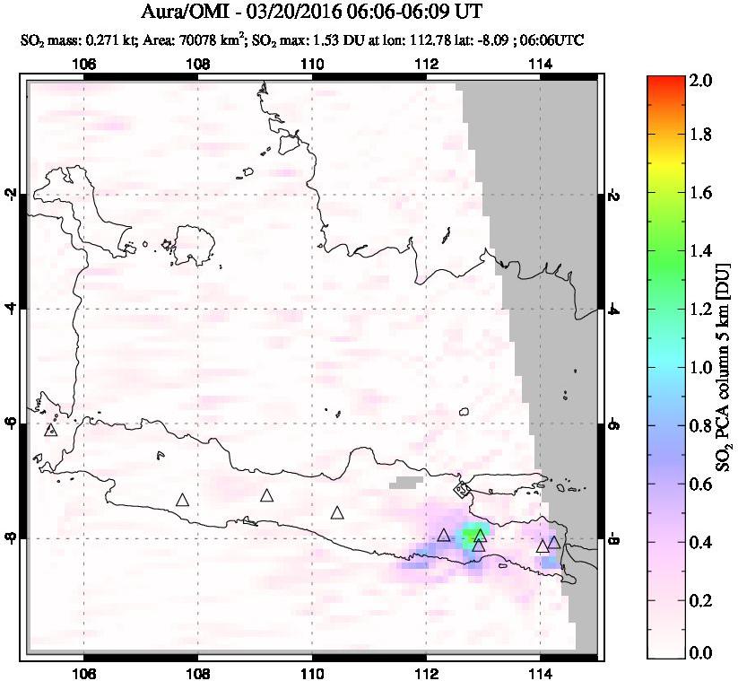 A sulfur dioxide image over Java, Indonesia on Mar 20, 2016.