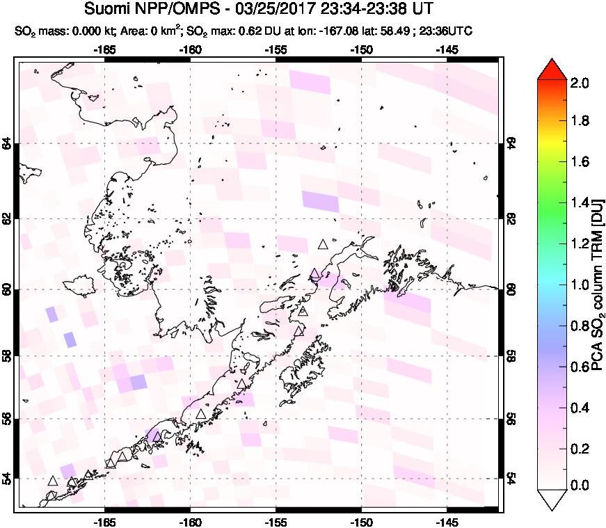A sulfur dioxide image over Alaska, USA on Mar 25, 2017.