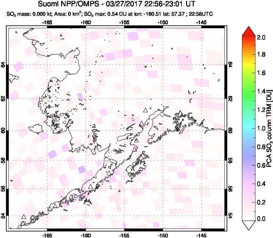 A sulfur dioxide image over Alaska, USA on Mar 27, 2017.